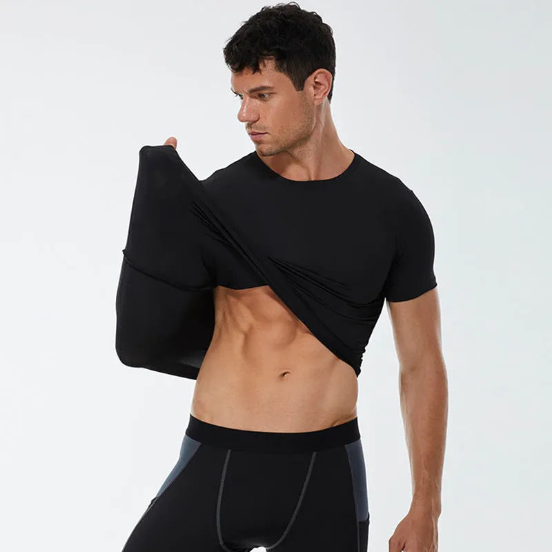 Men's stretch quick-dry short-sleeved fitness shirt in polyester available in multiple colours