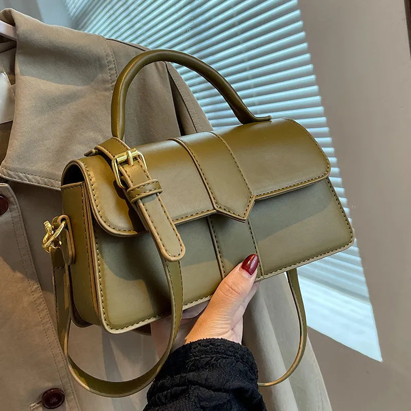 Women's beige PU messenger bag with file organiser, showing horizontal square shape and external pocket