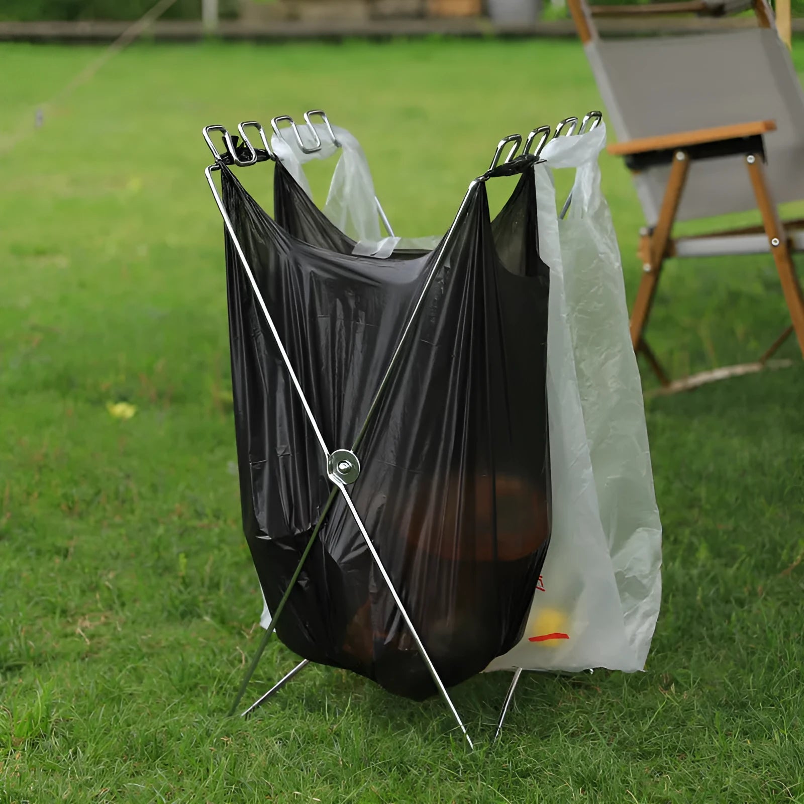 Stainless steel camping garbage bag bracket in Korean style design shown in black colour