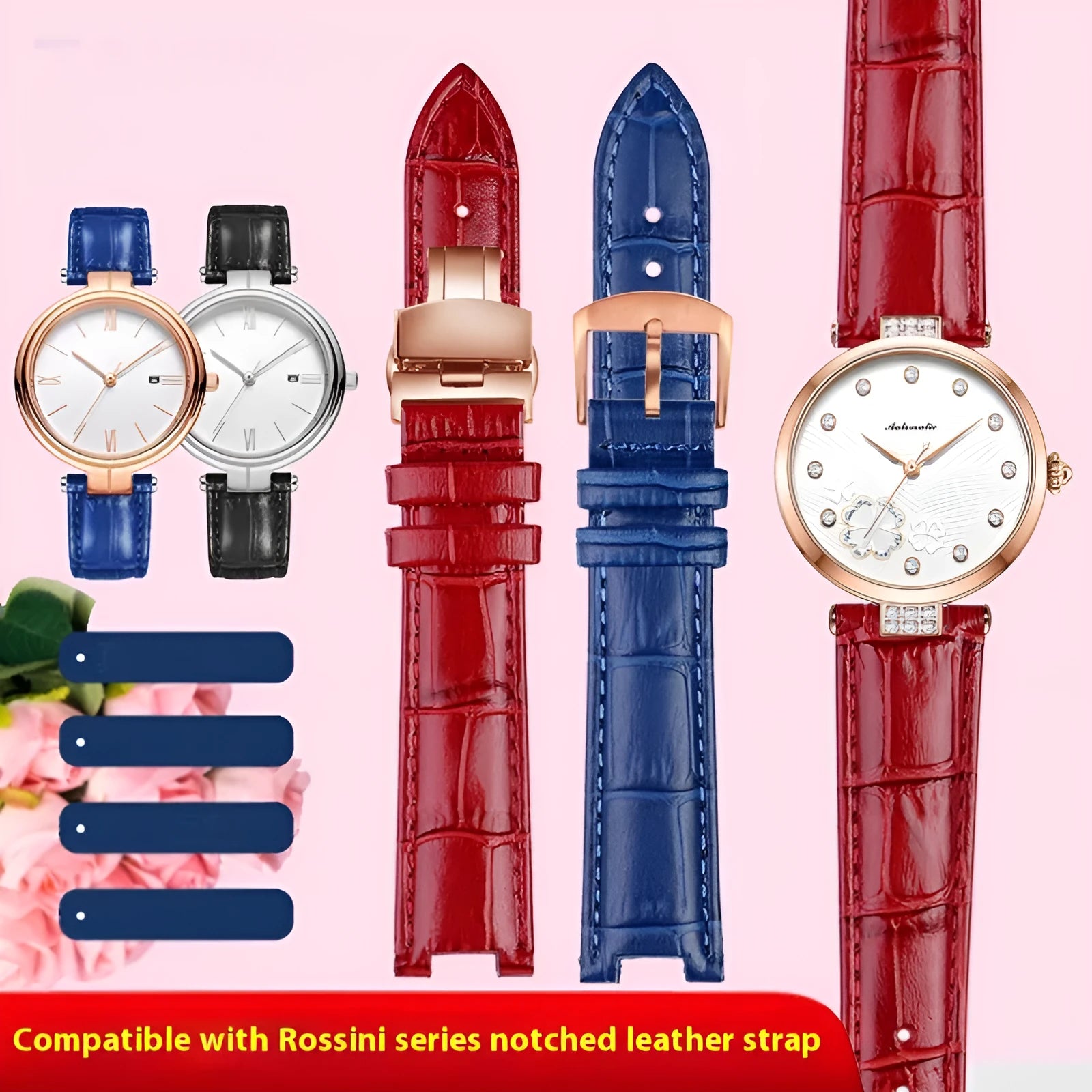 Women's genuine leather watch strap with notch design and pin buckle in black steel finish on a white background