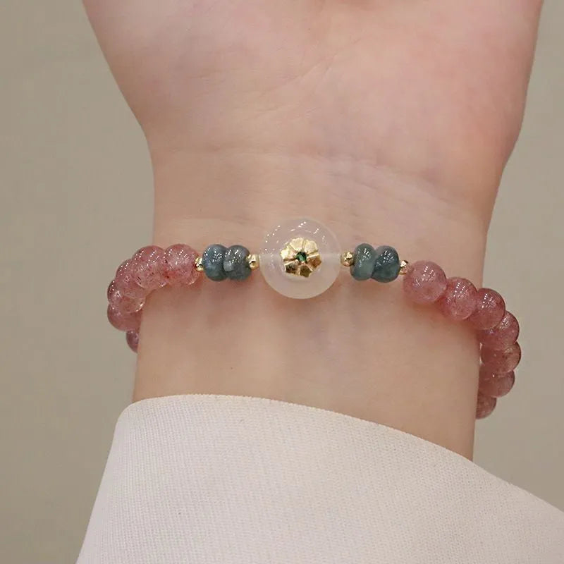 Women's strawberry quartz blue water emerald jade bracelet with geometric design and Ruyi peace buckle closure