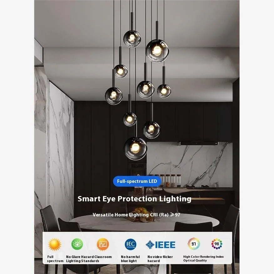 Glass chandelier long rotating staircase chandelier three heads Shiny Black simple modern design