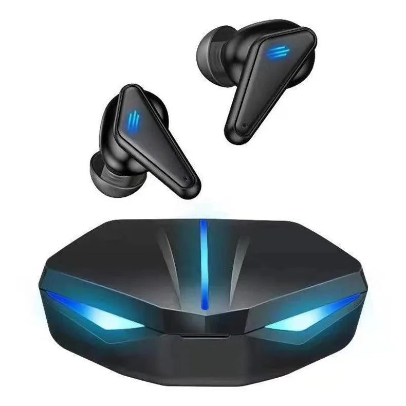 X15 wireless Bluetooth in-ear gaming headset with charging case, showing left and right earpieces.