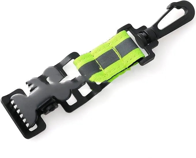 Fluorescent green metal buckle safety clamp for attaching work gloves to a belt.