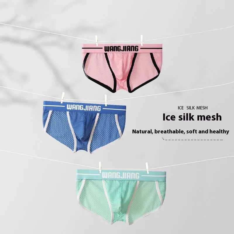 Men's black breathable mesh ice silk triangle underwear briefs laid flat.