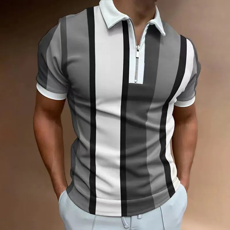 Men's striped short-sleeved polo shirt with slim lapel and zipper details, in multiple colours including white and army green