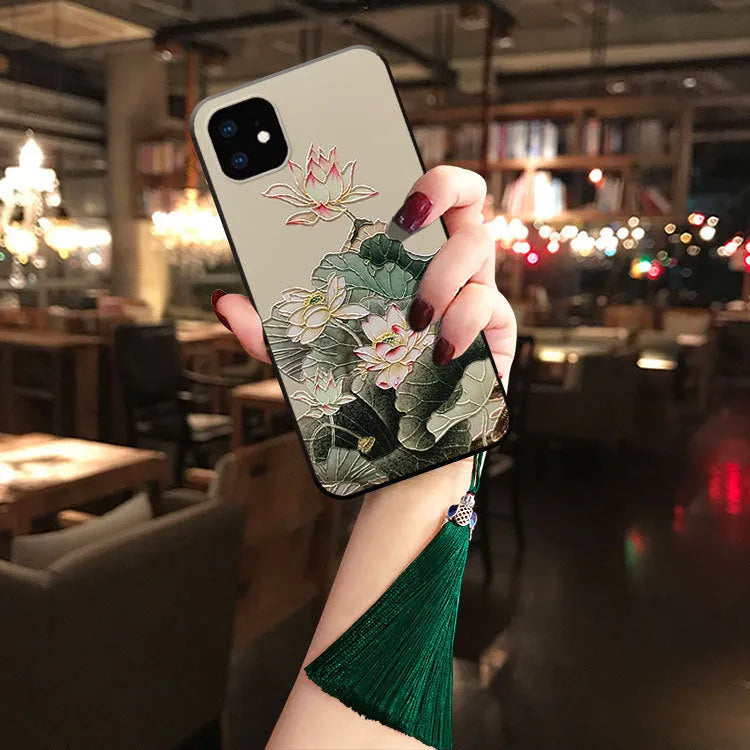 Custom soft TPU phone case with magnolia magpie design, dark green tassel and h-ring, suitable for iPhone 11 Pro Max