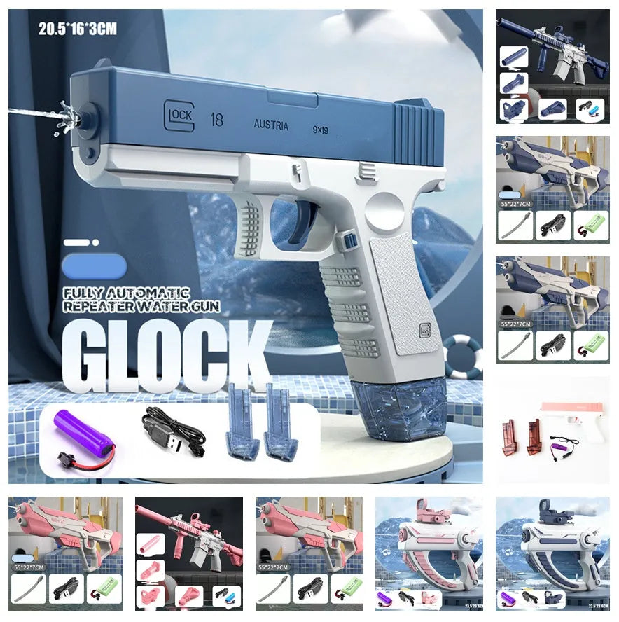 Blue electric water gun with USB charging port and water reservoir