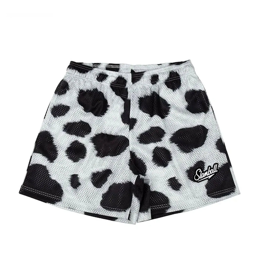 Men's leopard print fitness shorts with quick dry polyester fabric and milk silk lining