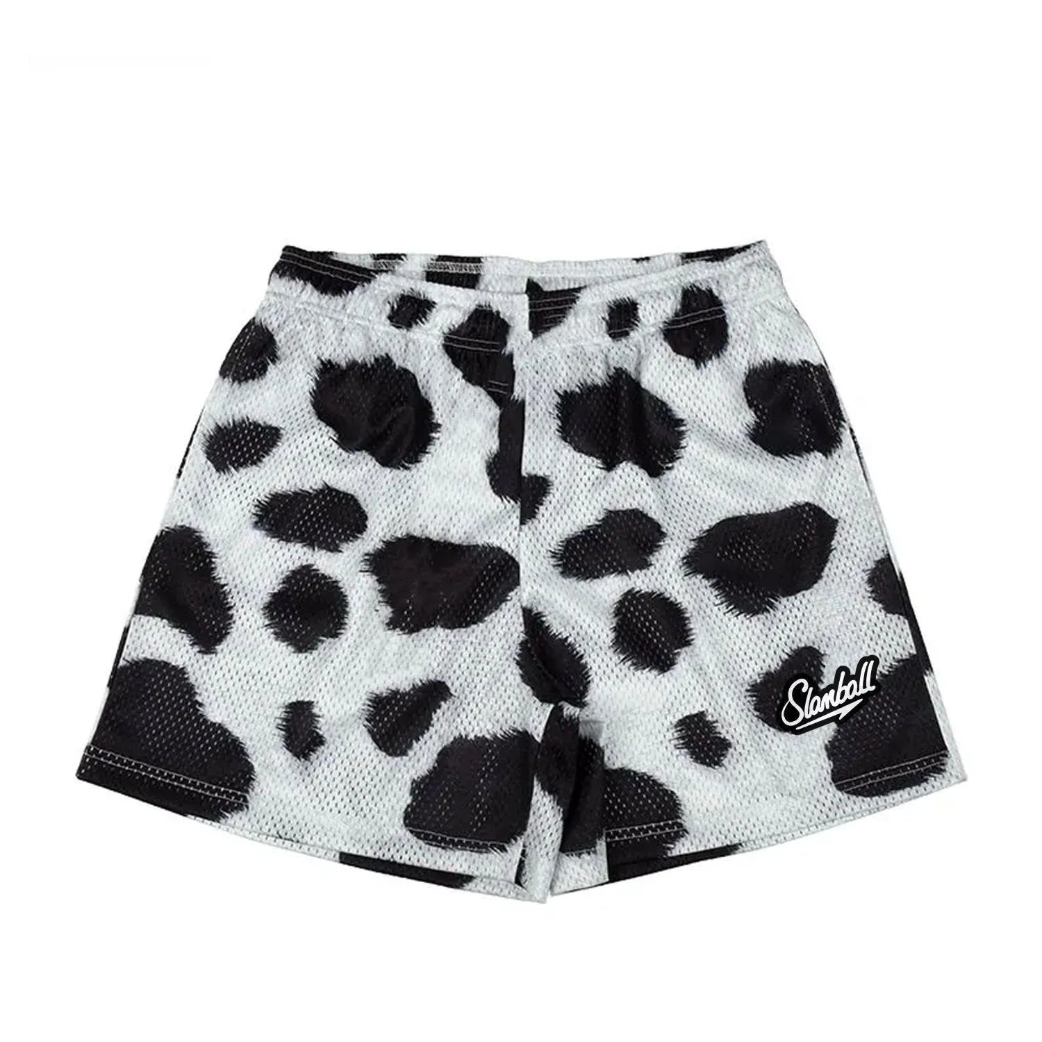 Men's leopard print fitness shorts with quick dry polyester fabric and milk silk lining