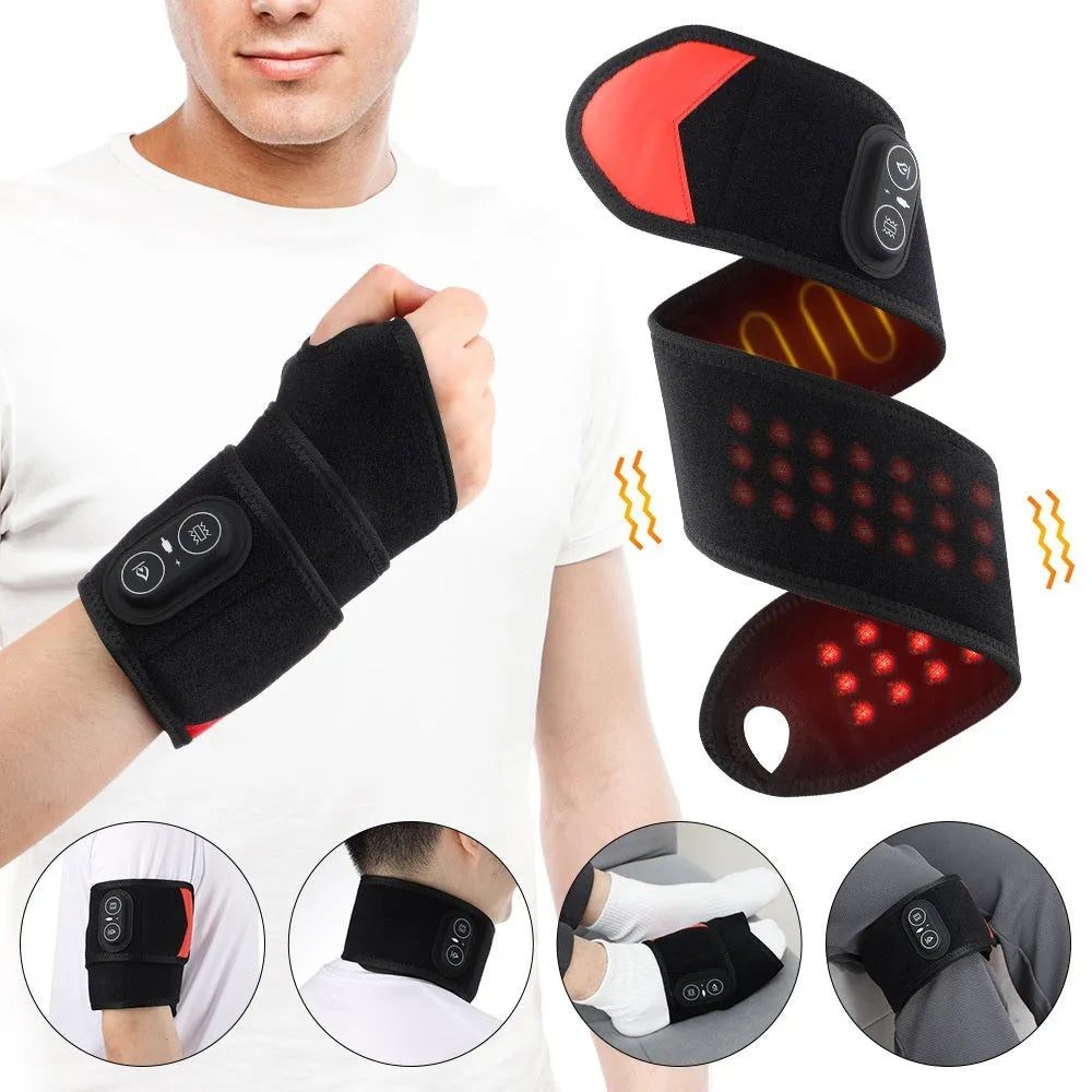 Black red light heat wrist massage strap with 36 LED beads and vibration function on a plain background