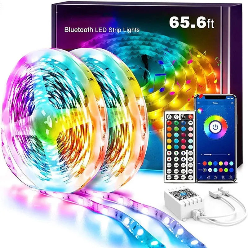 Flexible RGB LED light strip with Bluetooth remote on a 12V power supply, showing IP65 waterproof option.