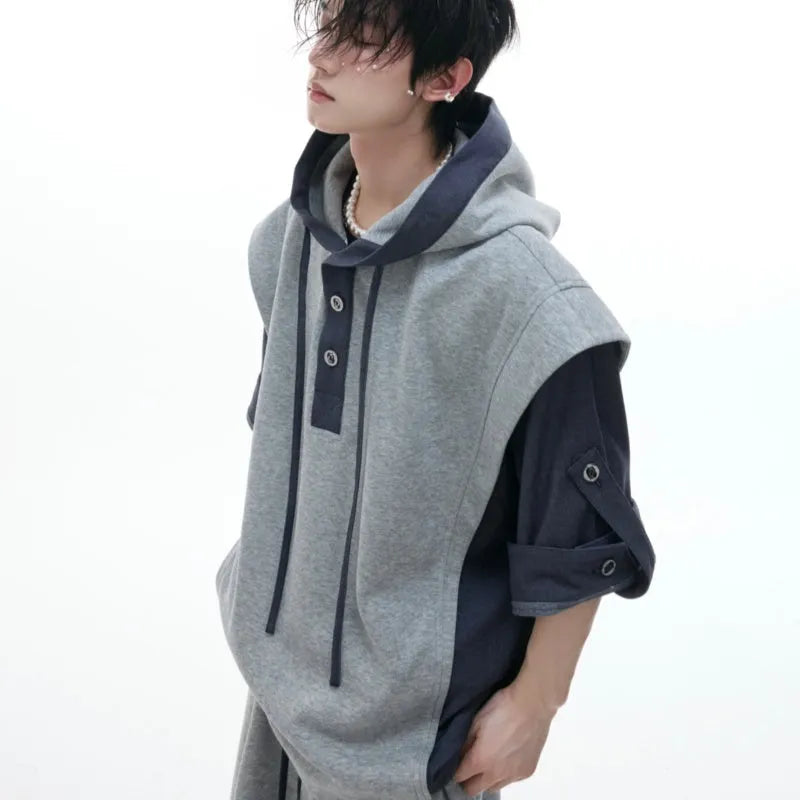 Men's black polyester sports leisure suit with hooded short sleeve jacket and trousers