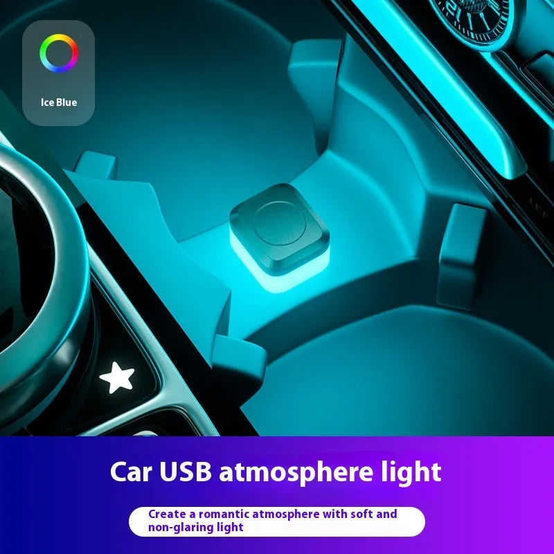 Car interior LED atmosphere light strip in blue colour showing USB cable and flexible PVC construction