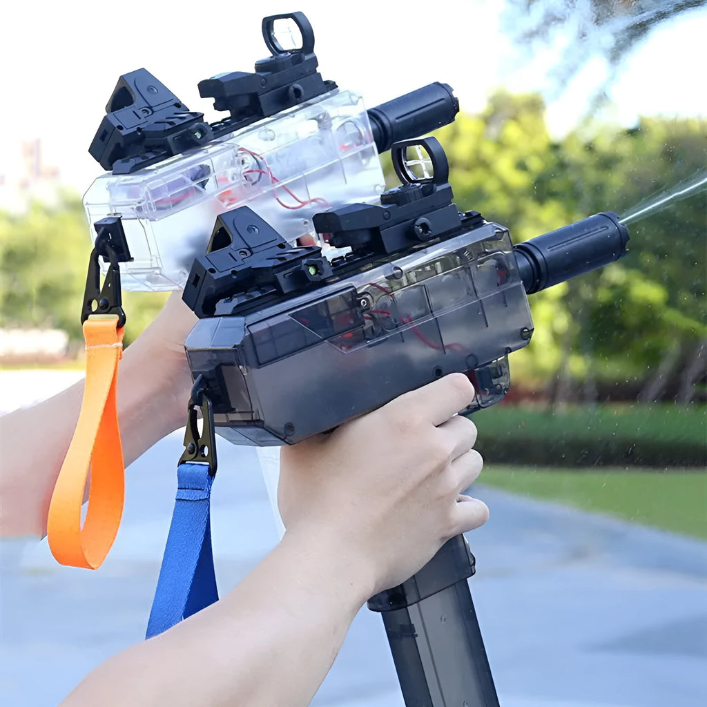Uzi electric burst water gun toy with transparent plastic body showing internal components, in blue colour
