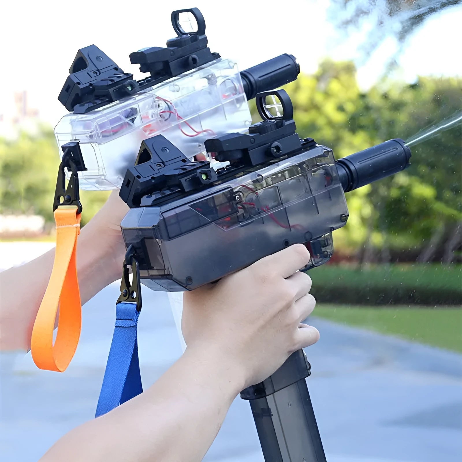 Uzi electric burst water gun toy with transparent plastic body showing internal components, in blue colour