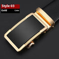 Men's automatic buckle leather belt in gun black, silver, and gold colour options showing the alloy buckle.