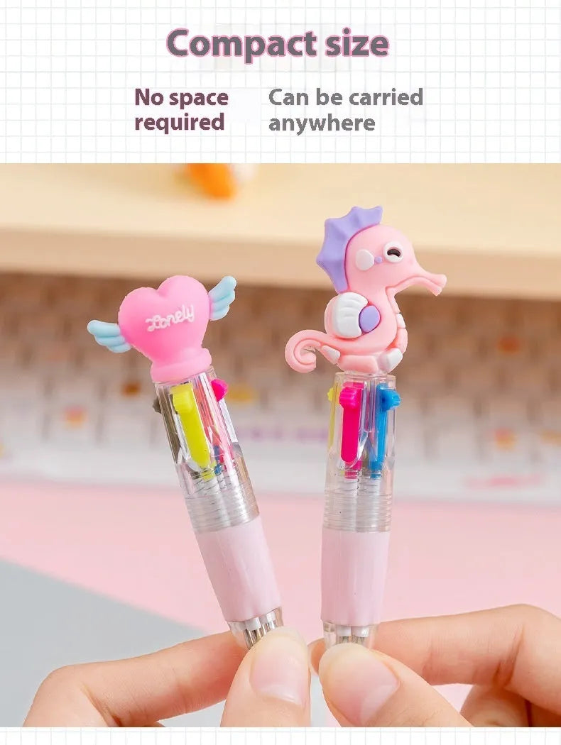 Cartoon-themed four colour press ballpoint pen with plastic and silicone body on a white background.