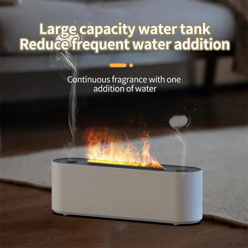 Flame air humidifier diffuser with LED lights showing flame effect, black colour, USB cable