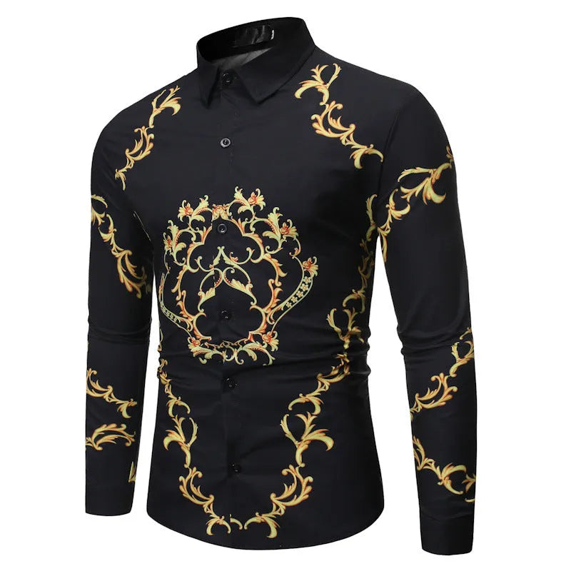 Men's long sleeve slim fit casual shirt with flower print in black and navy blue on hanger