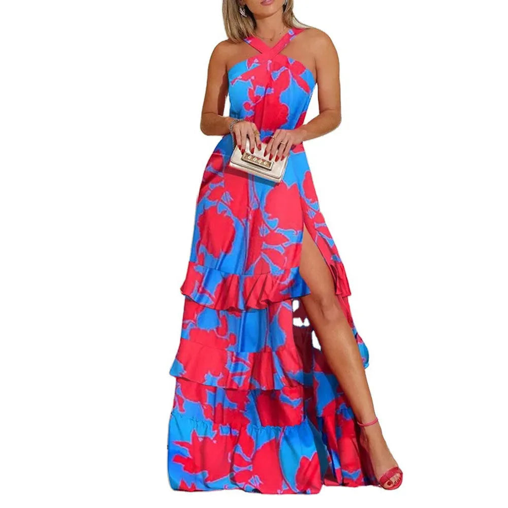 Bohemian printed sleeveless milk silk dress in blue with high waist and long princess skirt