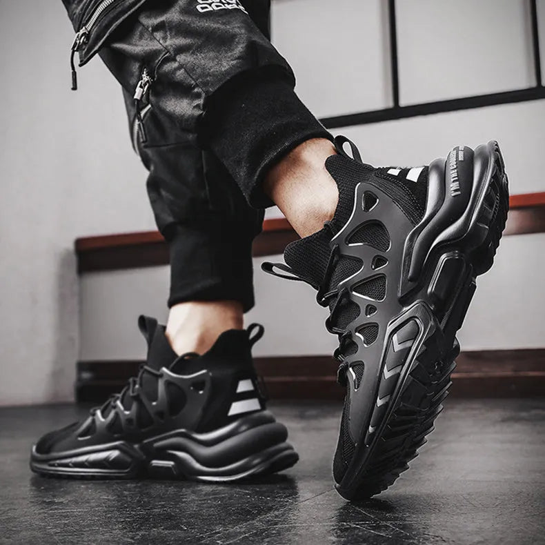 Men's black mesh athletic running shoes with thick EVA sole and lace-up closure