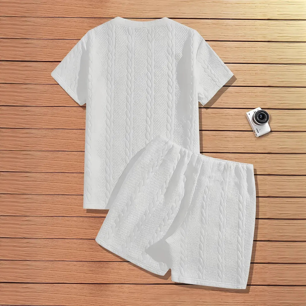 Men's black solid colour patch design short sleeve T-shirt and shorts two-piece sports set