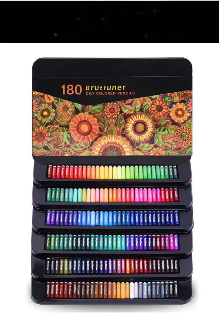 Open metal tin showing 180 colourful oily pencils with wooden casings arranged in rainbow order