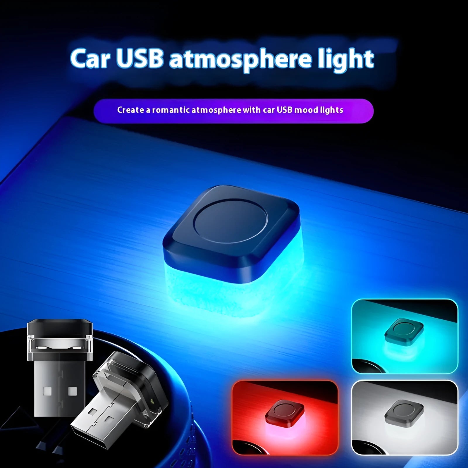 Car interior LED atmosphere light strip in blue colour showing USB cable and flexible PVC construction