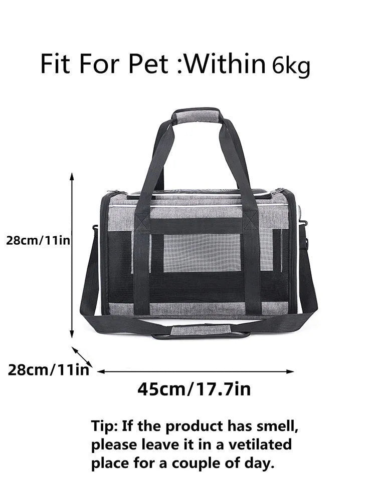 Oxford fabric pet carrier bag for dogs and cats, shown in grey with blue edge trim.