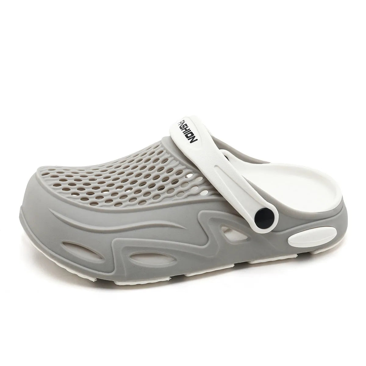 Men's closed toe beach slippers in gray colour showing grid pattern EVA construction with round toe design