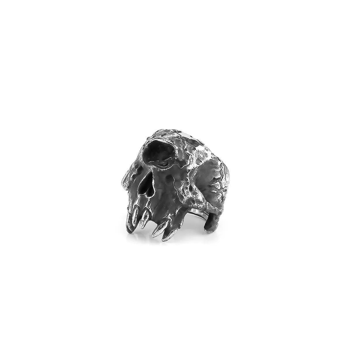 A silver-toned alloy ring featuring a detailed one-eyed skull design on a black background.