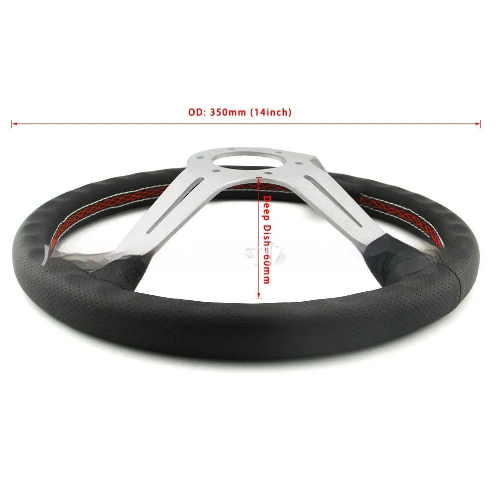 Black leather 14-inch steering wheel with deep middle concave grip and silver three-spoke skeleton.