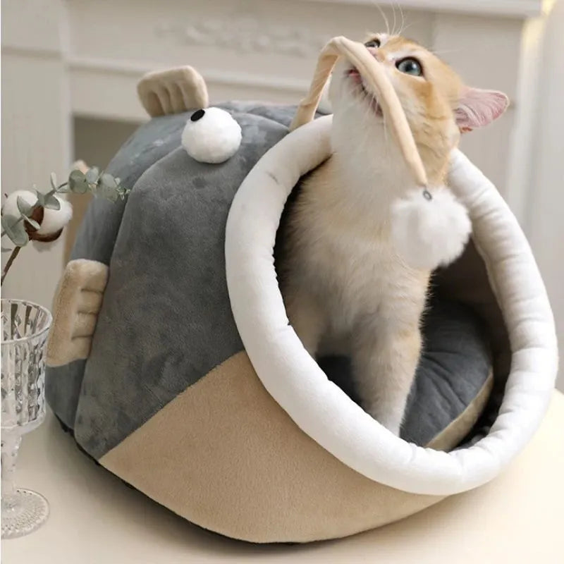 Grey semi-closed cat house with deerskin velvet fabric shown in small, medium, and large sizes.