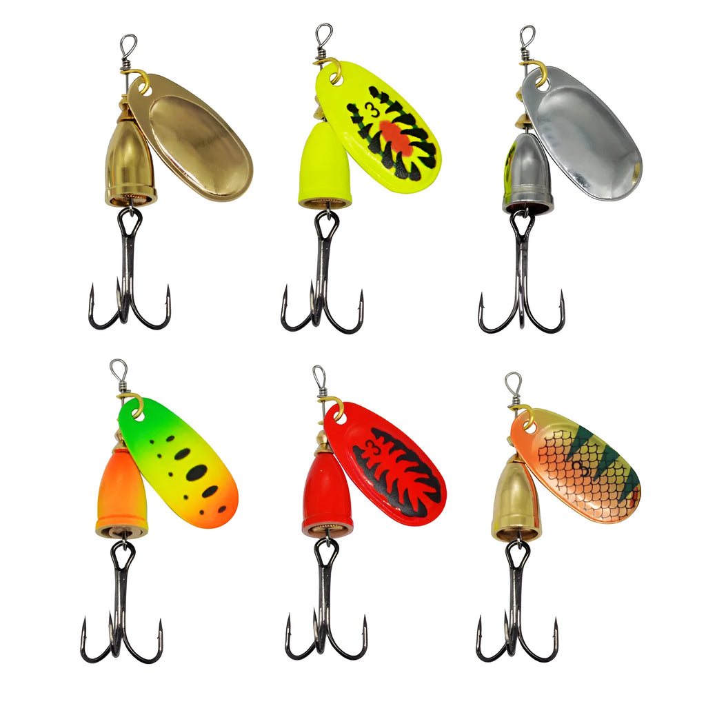 Metal fishing lure with rotating sequins and a copper bell in multiple colour variants including gold, red, and silver.