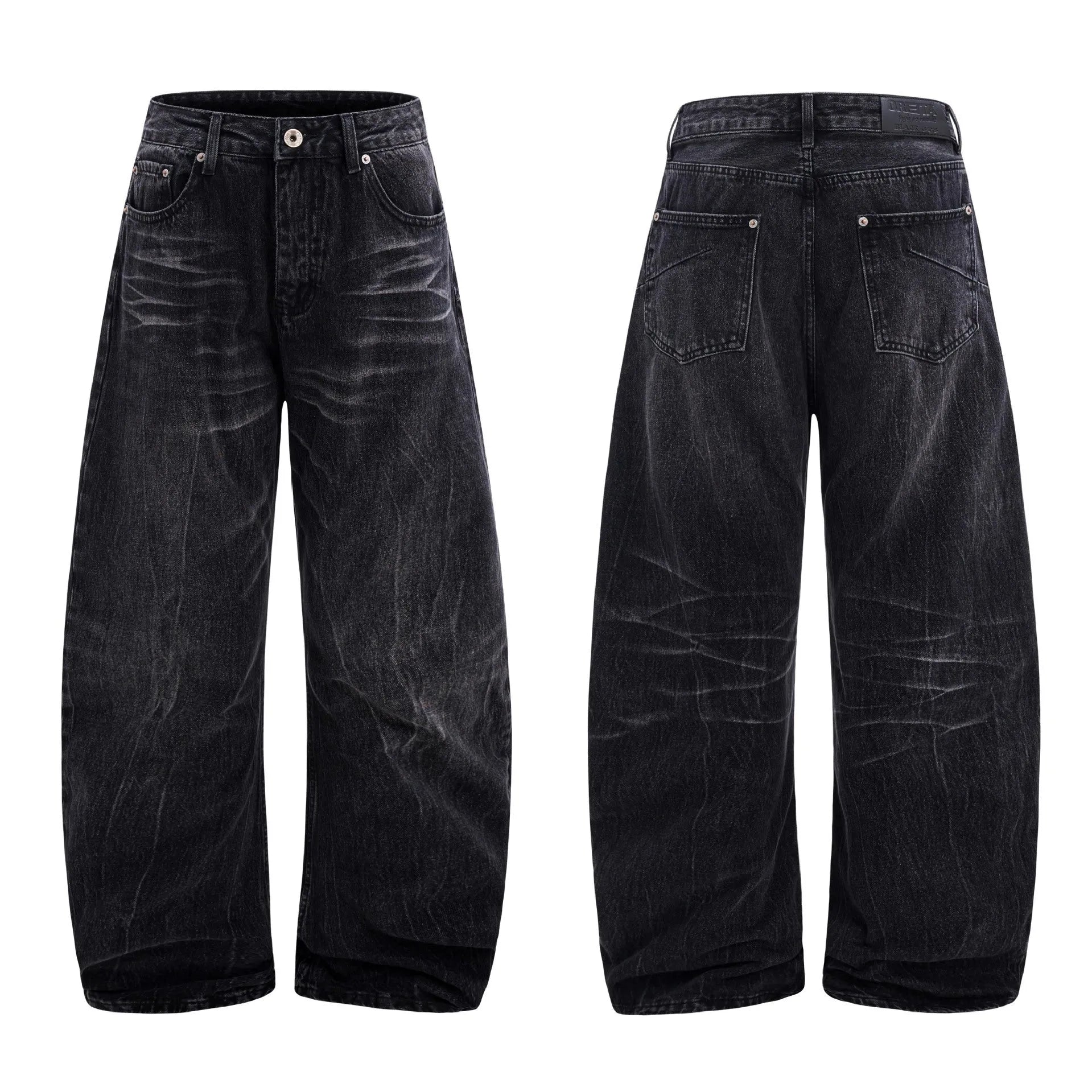 Men's black straight-leg jeans with a distressed lightning crack wash pattern on the legs.