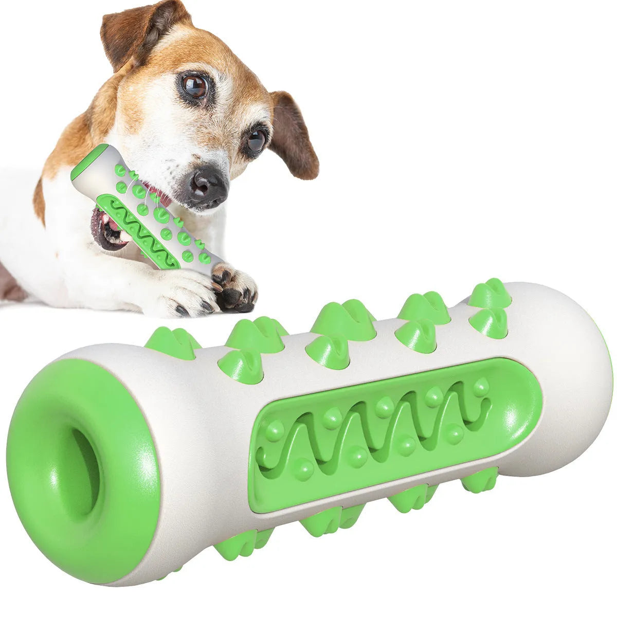 Natural rubber dog dental chew toy with textured toothbrush surface in blue colour