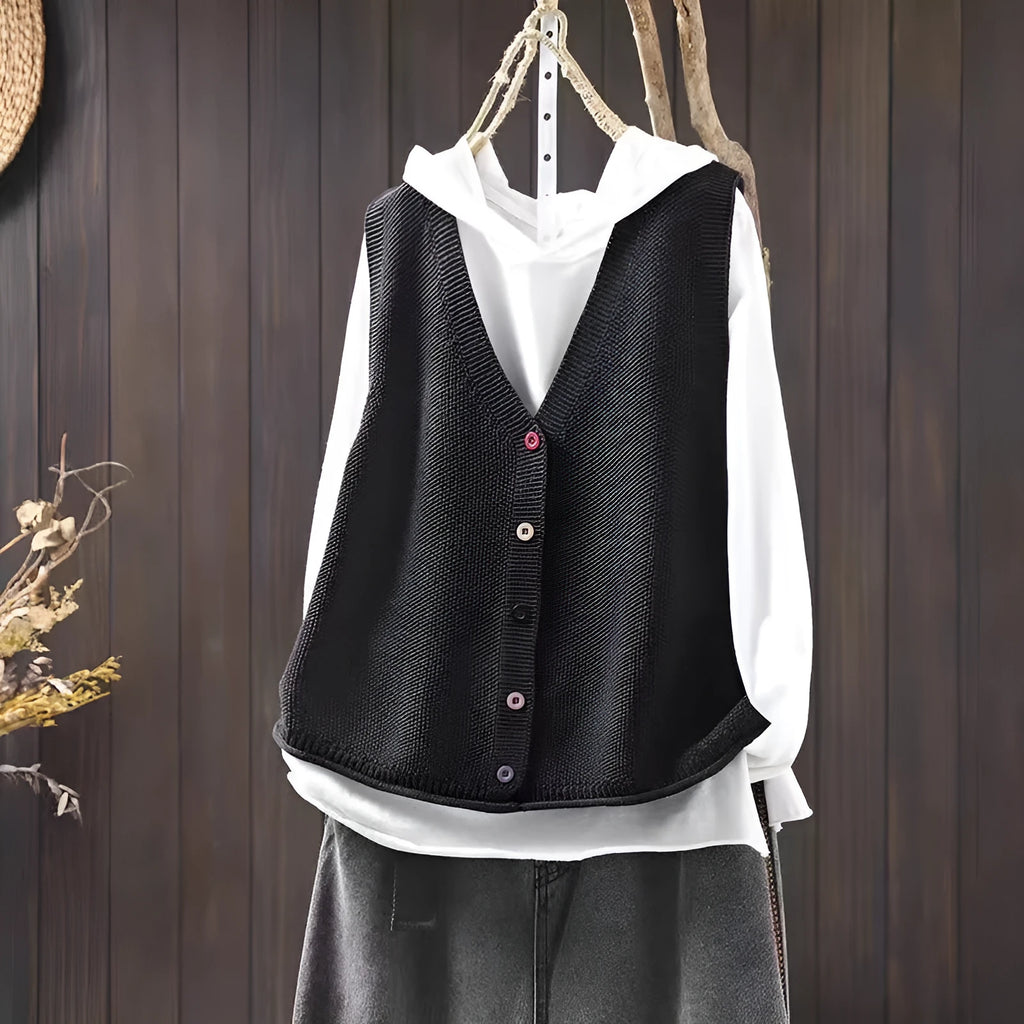 Women's v-neck solid colour buckle knitted cardigan vest in chenille fabric