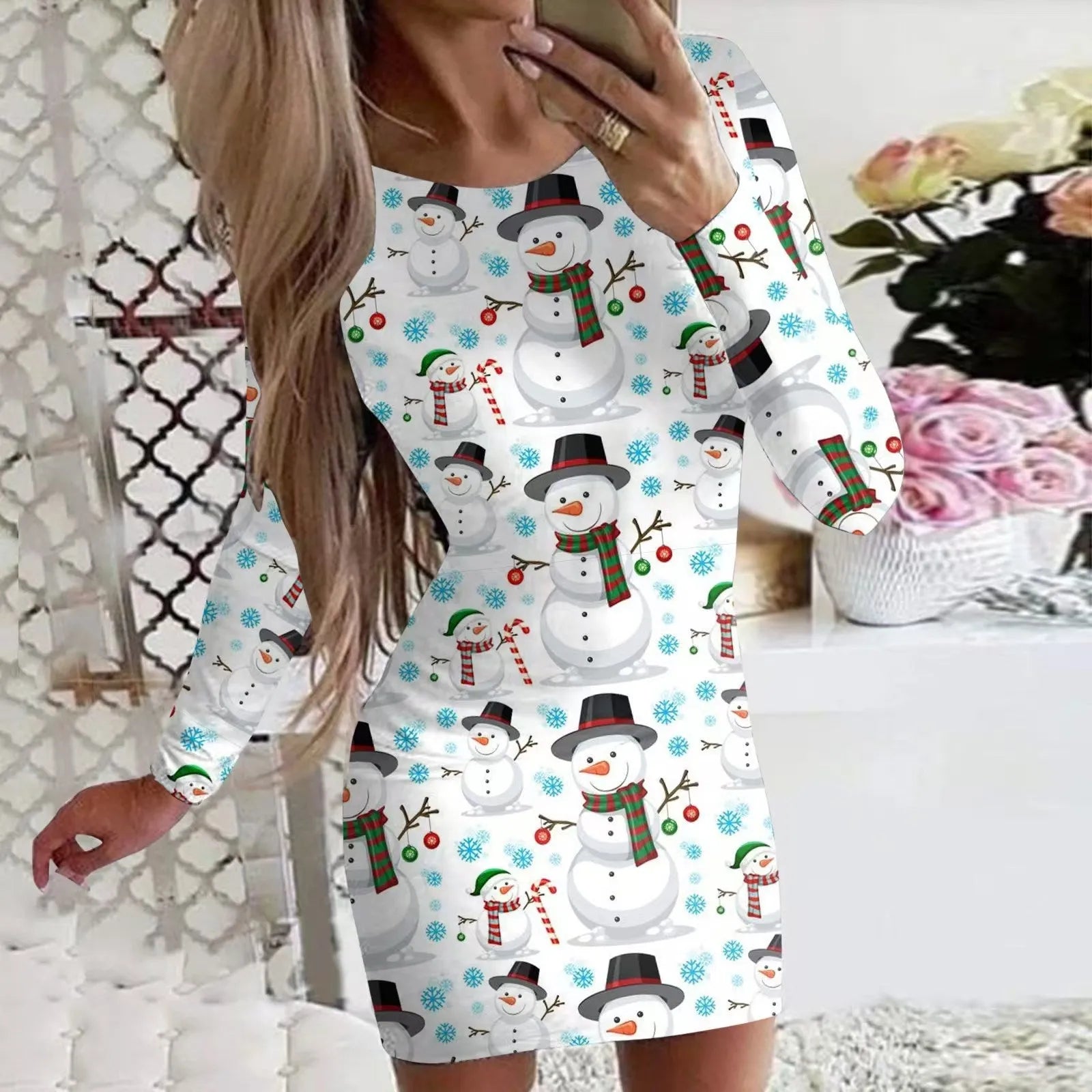 Women's tight-fitting Christmas dress with floral print, round neck, long sleeves, and short hip skirt.