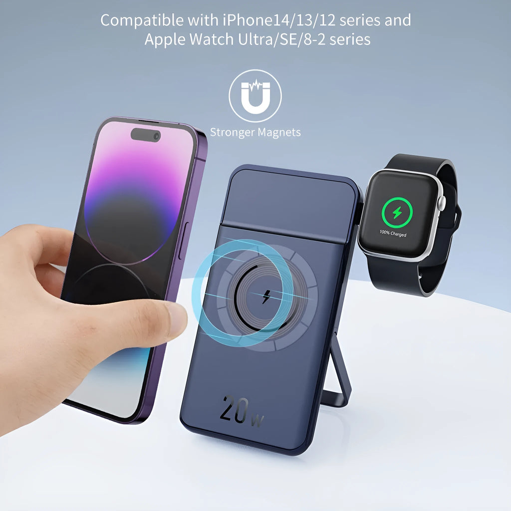 Black magnetic wireless power bank with 10000mAh capacity showing bracket design