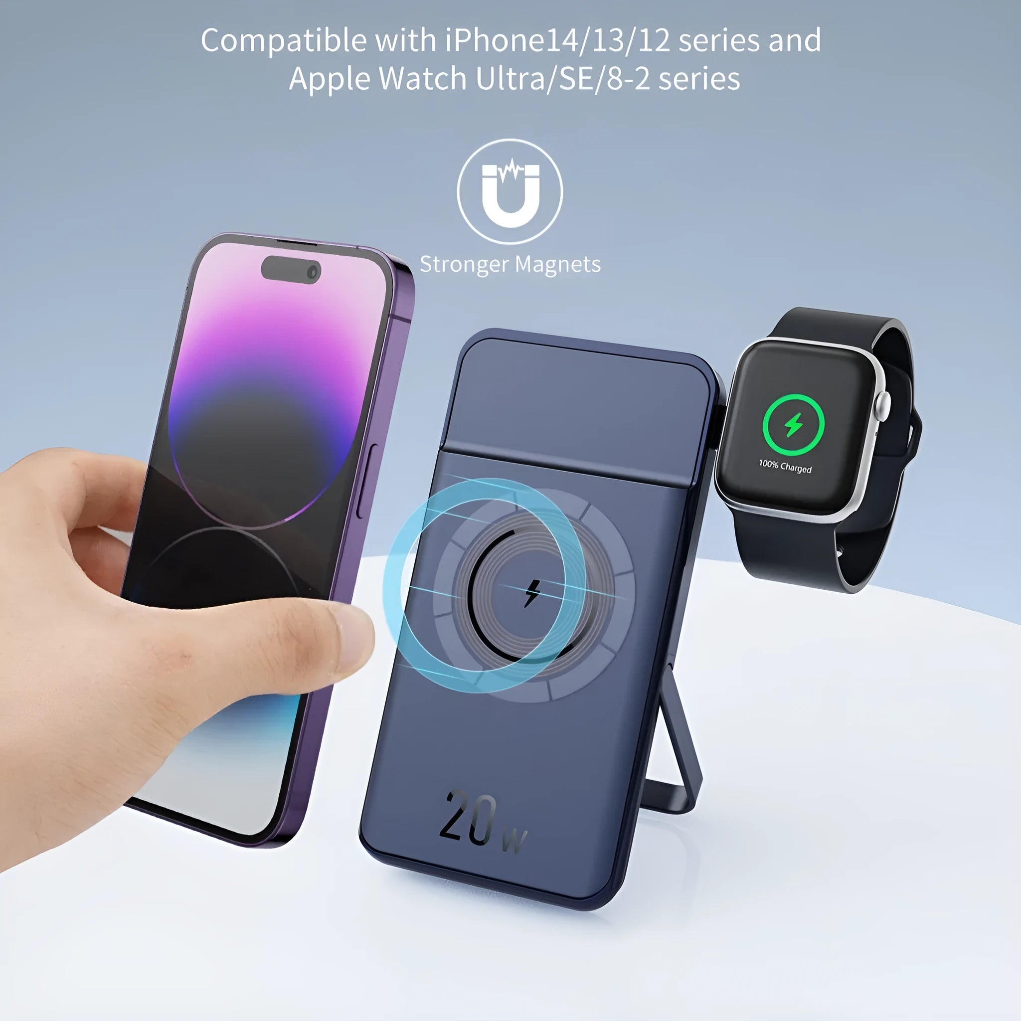 Black magnetic wireless power bank with 10000mAh capacity showing bracket design