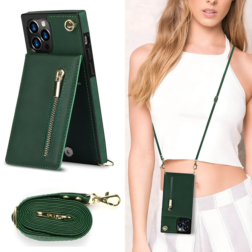 Leather and TPU messenger-style protective case for mobile phone in solid colour.