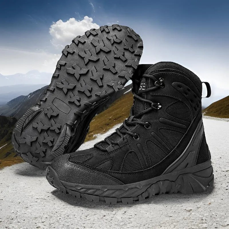 Men's black anti-skid combat hiking boots with lace-up front and rubber sole.
