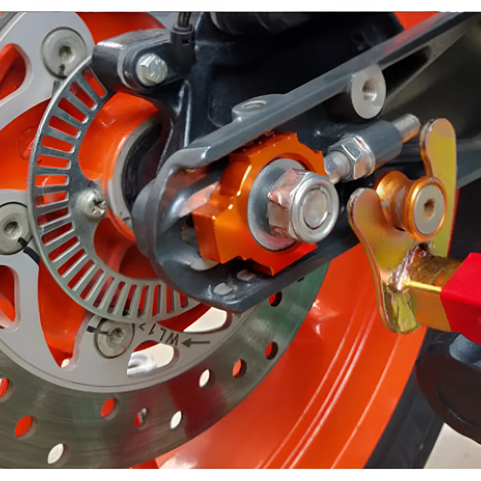 Orange KTM motorcycle rear fork regulator screw pair for Duke 200 390 990 models