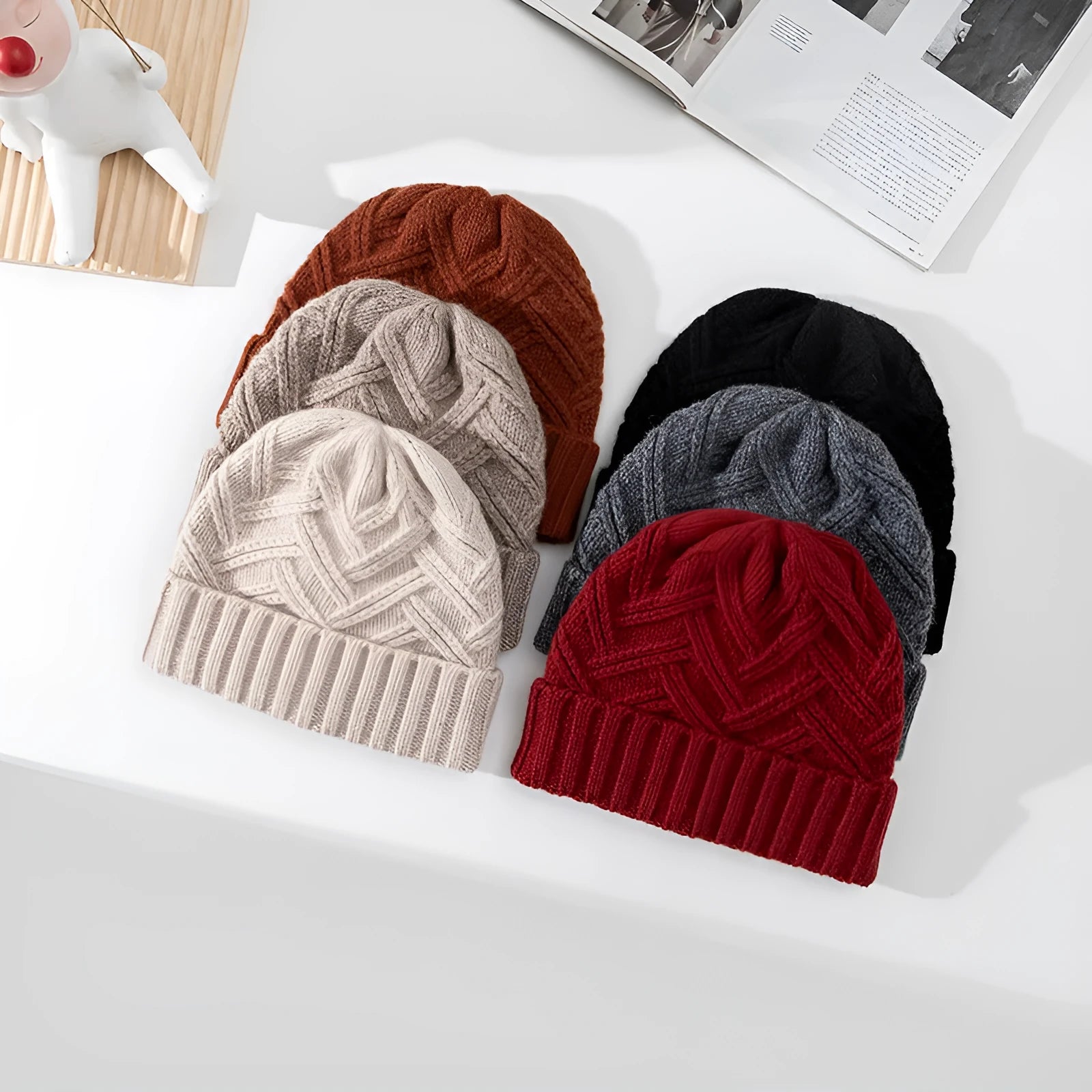 Wool knitted dome hat for women in ankela red with totem detailing.