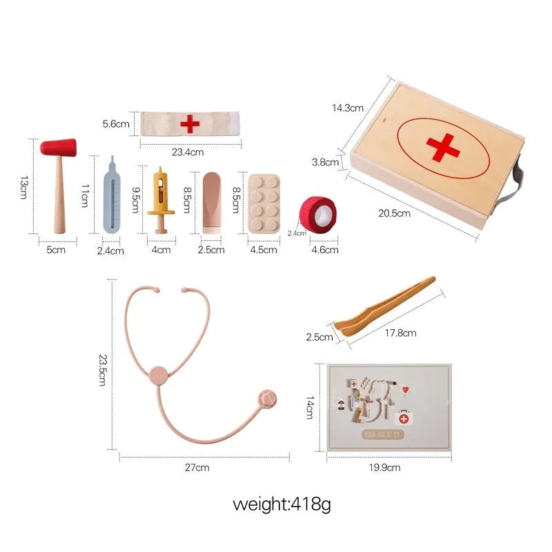 Wooden children's doctor play set with stethoscope educational toy in cloth bag packaging