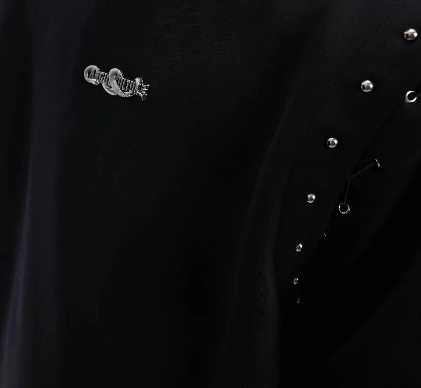 Black deconstructed short sleeve T-shirt with lace-up sides and cutout detailing on a mannequin.