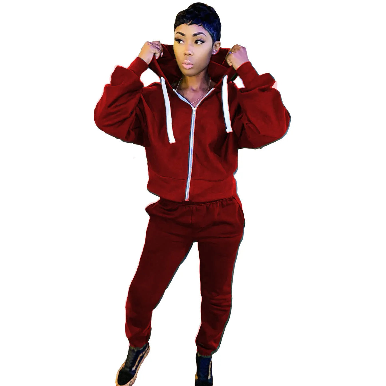 Women's casual two-piece suit with polar fleece pullover top and matching solid colour trousers