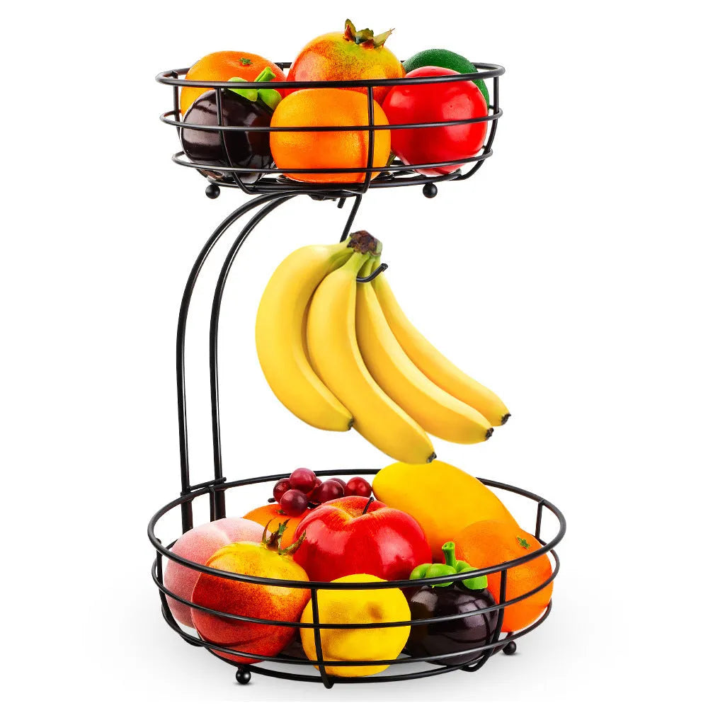 Black wrought iron double-layer fruit basket with two storage tiers.