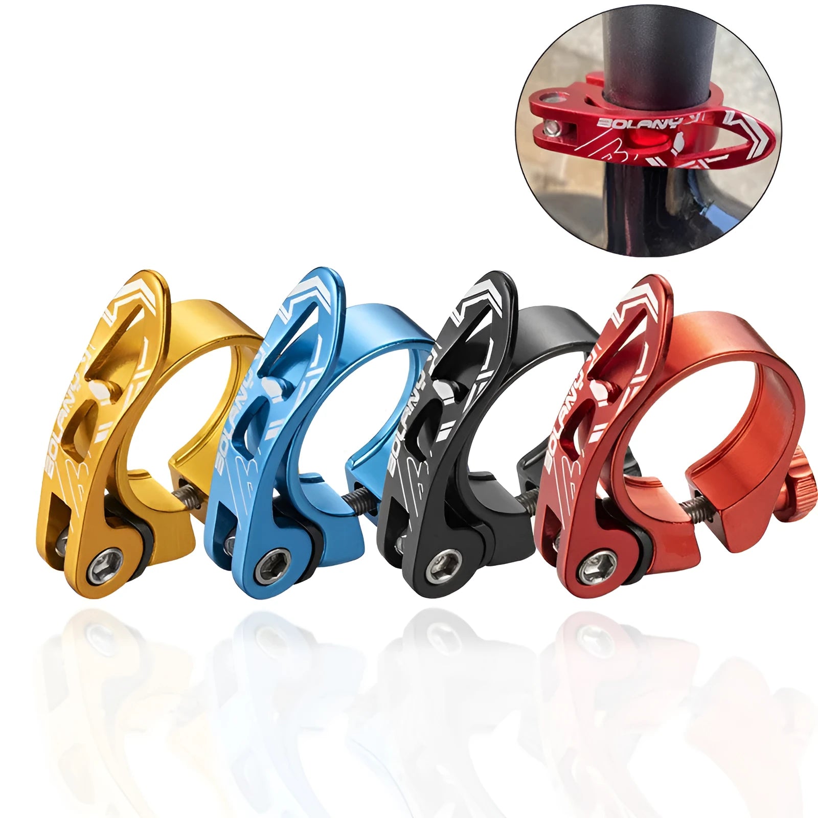 Aluminium alloy mountain bicycle seat post clamp in black, red, gold, or blue.